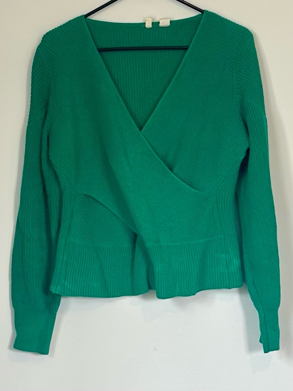 Anthropologie Moth Emerald Green V-Neck Faux Wrap Sweater - Size: LP - Picture 2 of 6